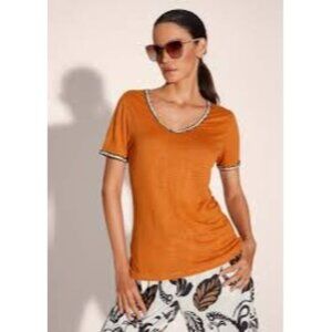 Madeline Burnt Orange V Neck 100% Linen Tweed Trim Short Sleeve Shirt‎ Top 12